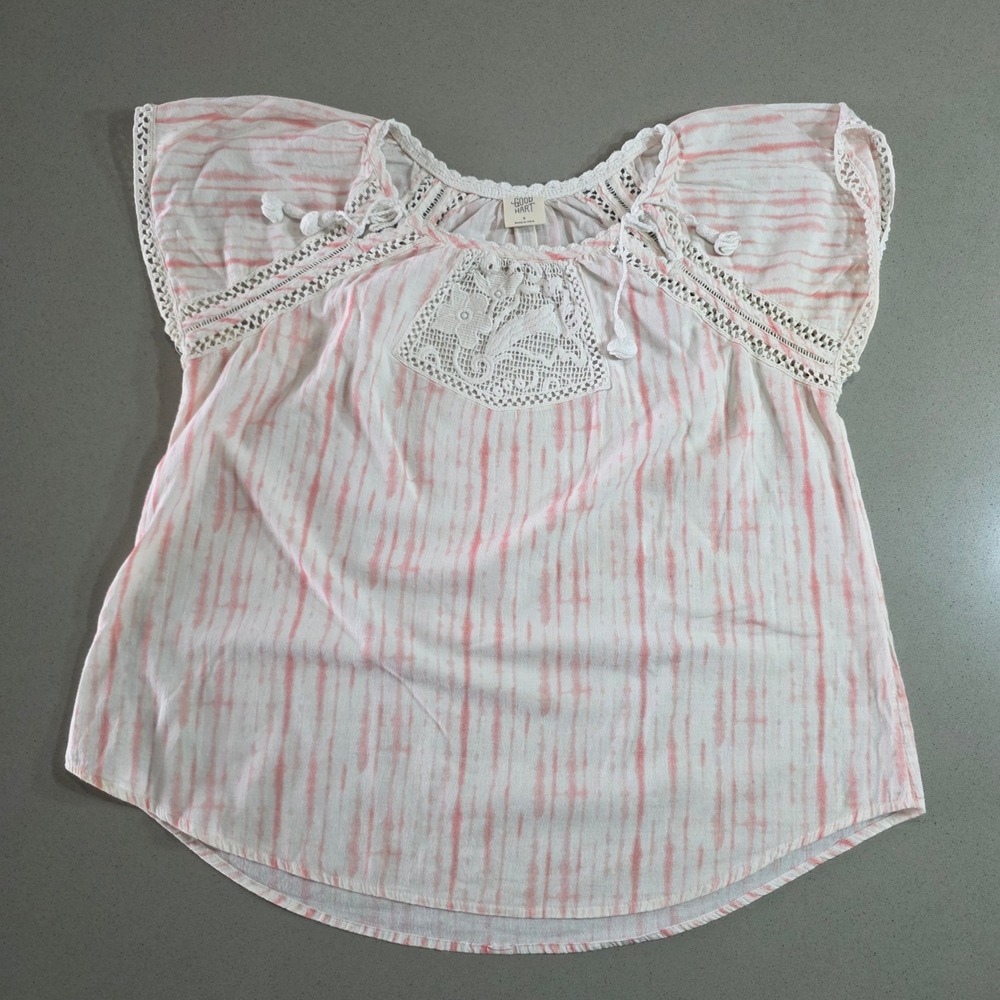 Good Hart Pink Tie Dye Crochet Lace Boho Tassel Flutter Sleeve Blouse Small